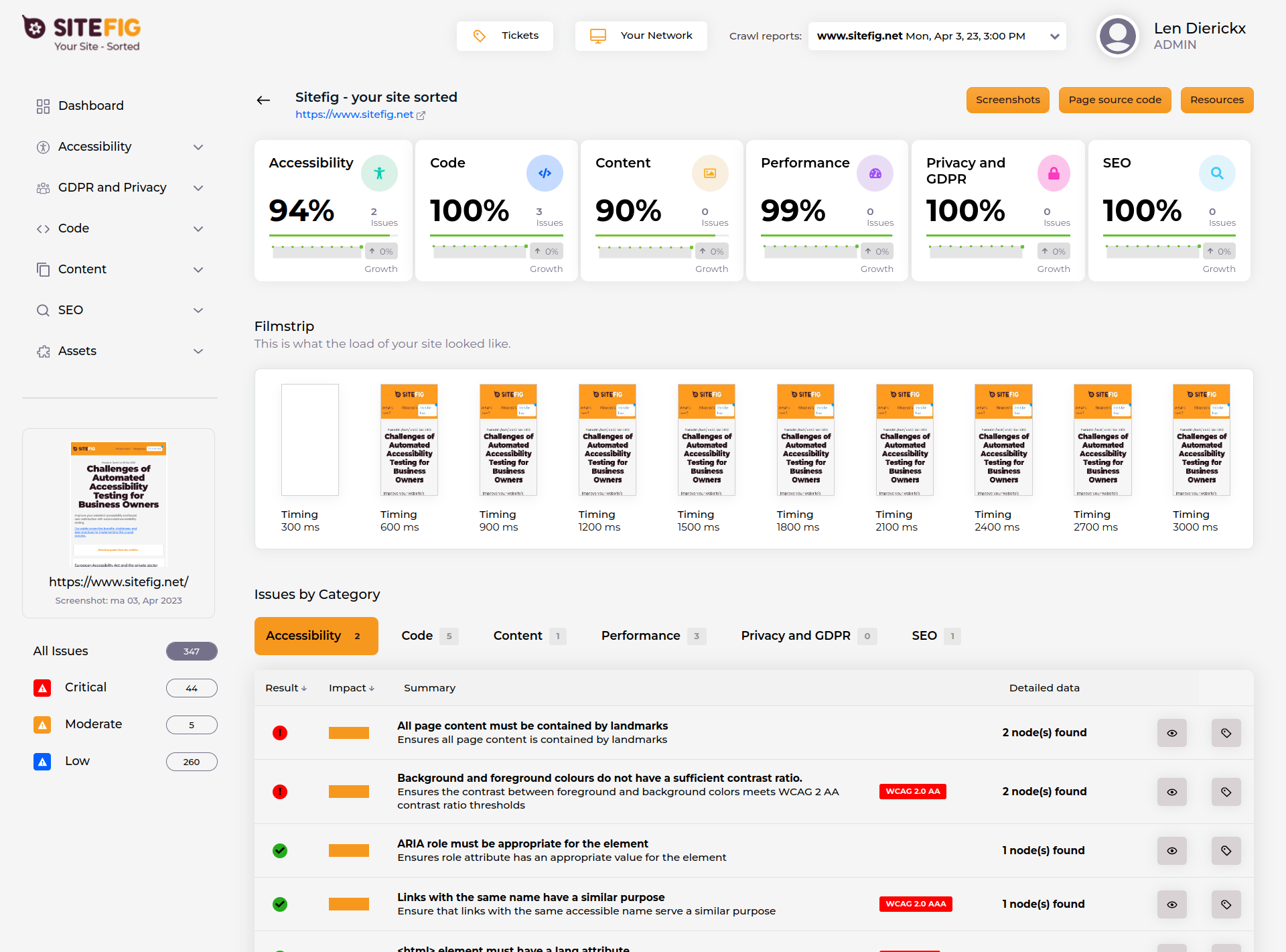 A screenshot of the page containg a list of passed and failed audits, including a rendering strip with images for the loading progress for every 300 ms.