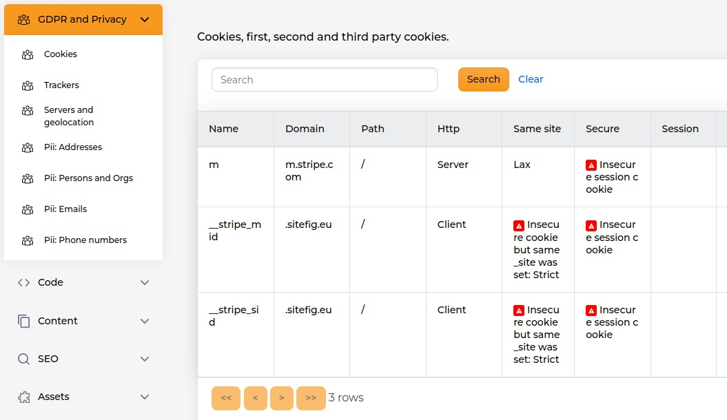 A screenshot of the cookies dashboard with navigation providing access to Cookies, Trackers and much more